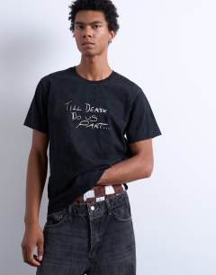 Model wearing Mason Newman x Topman classic fit t-shirt with till death do us part front and back print in washed black