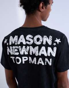 Model wearing Mason Newman x Topman classic fit t-shirt with till death do us part front and back print in washed black