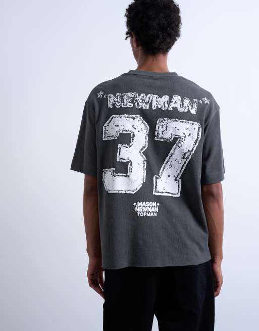 Mason Newman x Topman – Czarny sprany T-shirt fakturowany o pudełkowym kroju z nadrukiem Newman 37 z przodu i z tyłu, 3 z 5