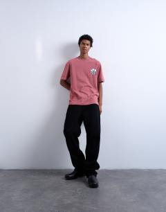 Model wearing Mason Newman x Topman oversized fit t-shirt with placement embroidery in washed pink