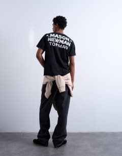 Model wearing Mason Newman x Topman regular fit t-shirt with till death do us part front and back print in washed black