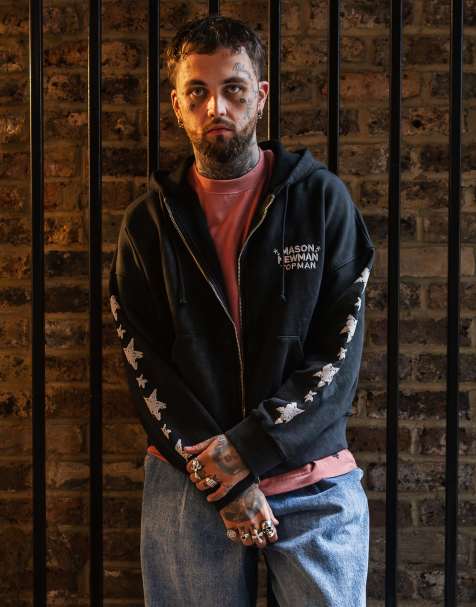 Mason Newman x Topman – Svart, tvättad huvtröja med boxig passform och cowgirltryck fram- och baktill - view 1