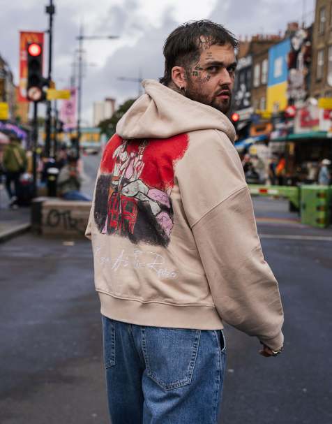 Mason Newman x Topman - Sweat à capuche coupe carrée avec imprimé bar d'hôtel devant et au dos - Taupe délavé - view 1