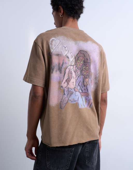 Mason Newman x Topman - T-shirt coupe carrée avec imprimé cœurs devant et au dos - Marron délavé , 5 de 5