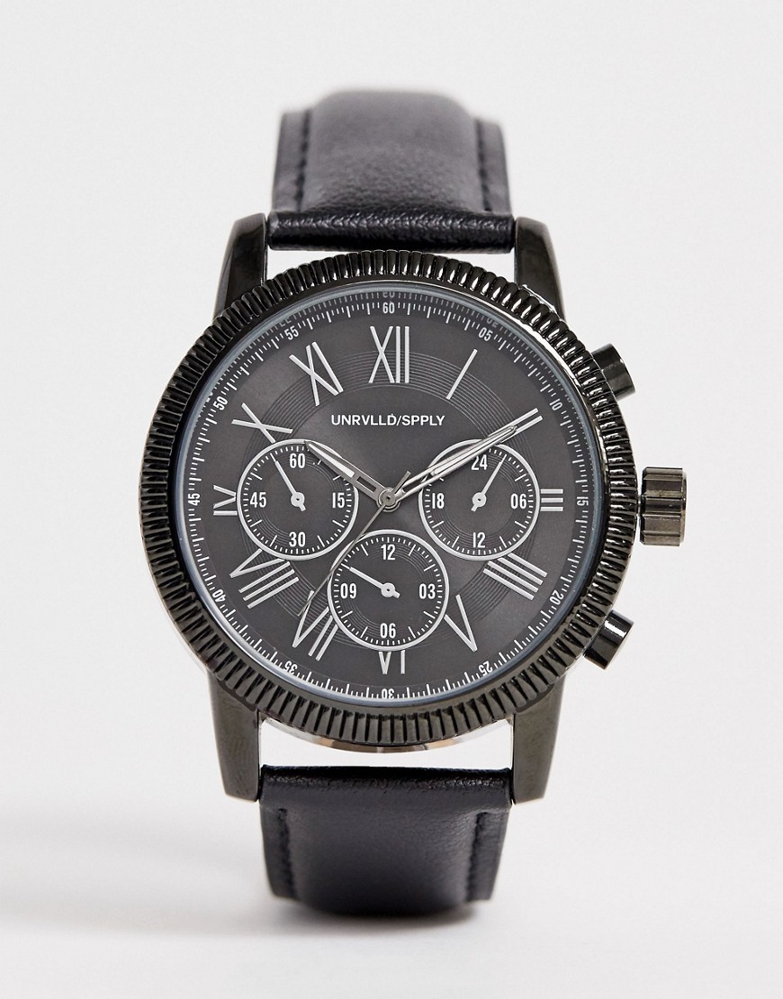 фото Массивные часы с черным кожаным ремешком asos design-черный