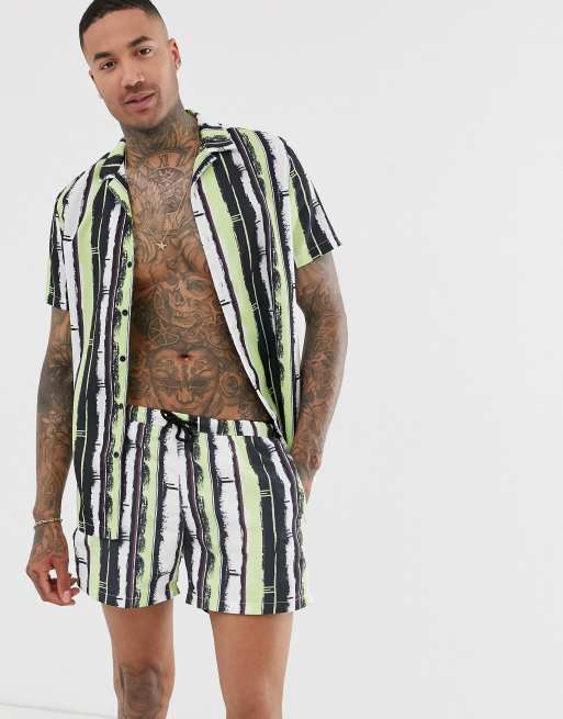 Mauvais - Camicia con rever e pantaloncini da bagno acido a righe in coordinato, 2 di 3