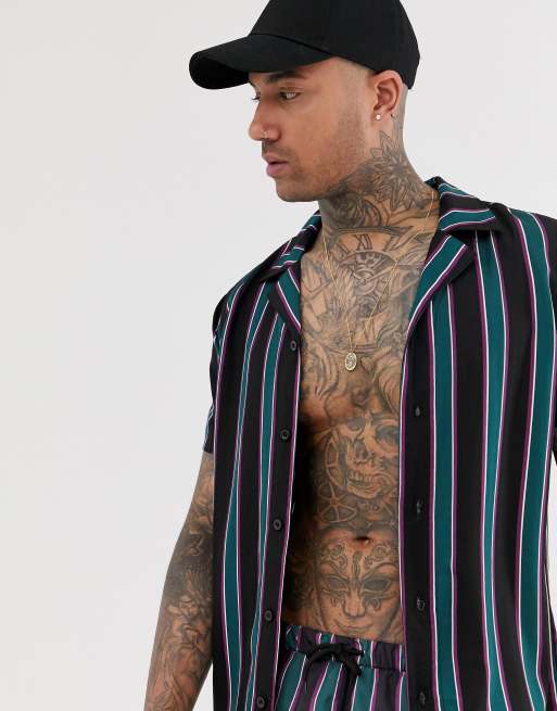 Mauvais - Camicia con rever e pantaloncini da bagno blu rigato in coordinato, 2 di 3