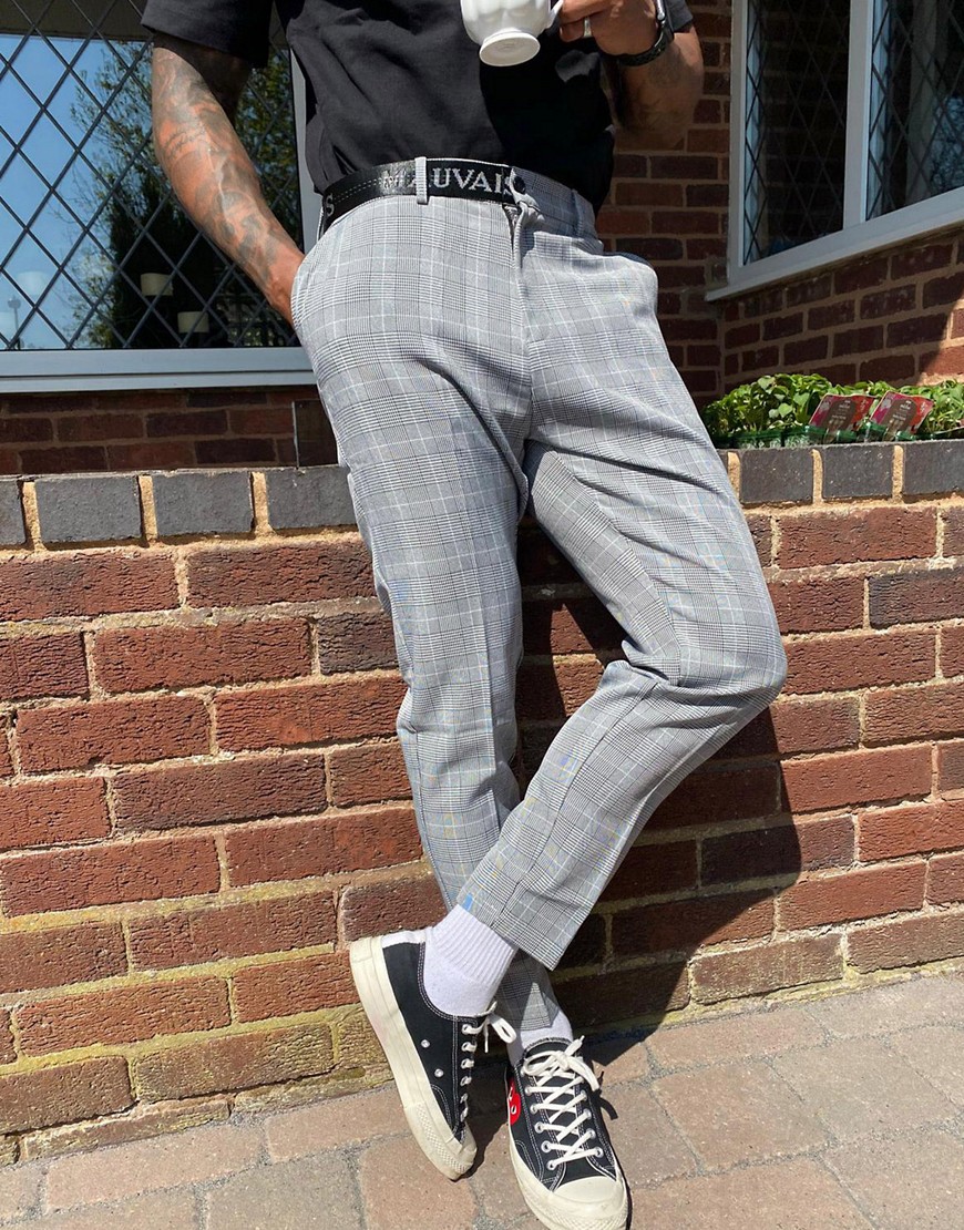 Mauvais checked cropped tapered trousers with half logo waistband in grey