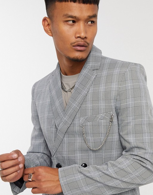 Mauvais double breasted check blazer with chain in grey