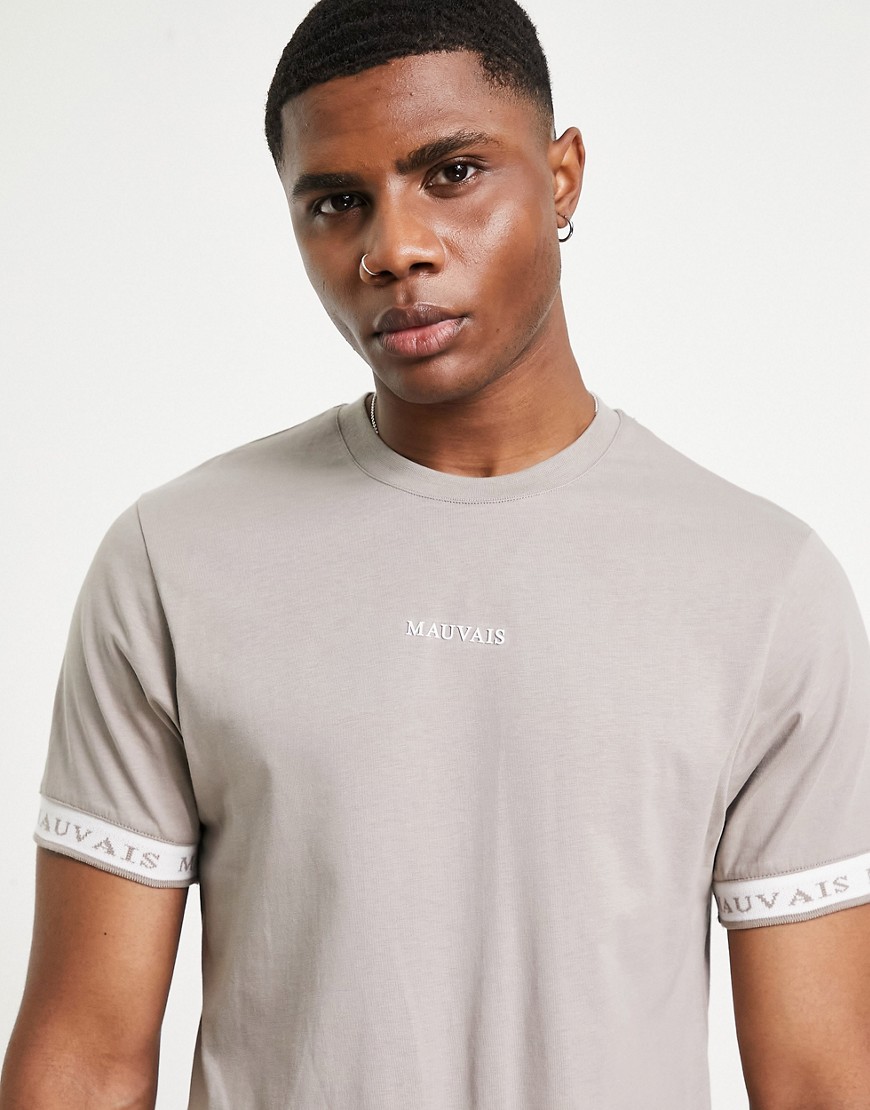 Mauvais neck tape detail t-shirt in taupe-Grey