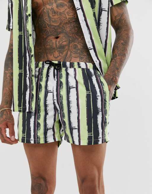Mauvais - Camicia con rever e pantaloncini da bagno acido a righe in coordinato, 3 di 3