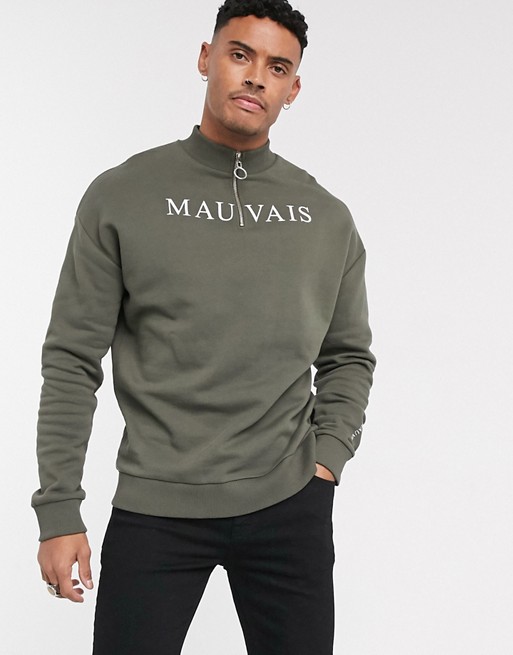Mauvais pullover sweat with 1/4 zip in khaki