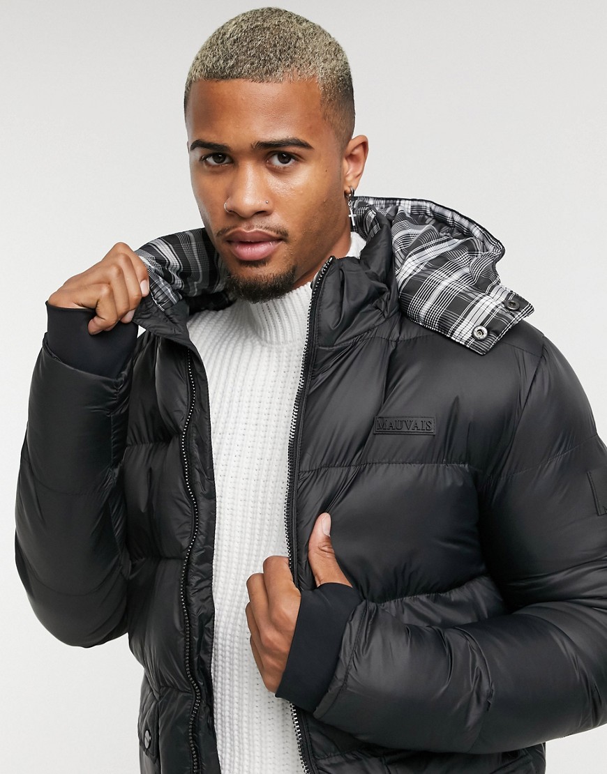 Mauvais short puffer coat with plaid print hood in black
