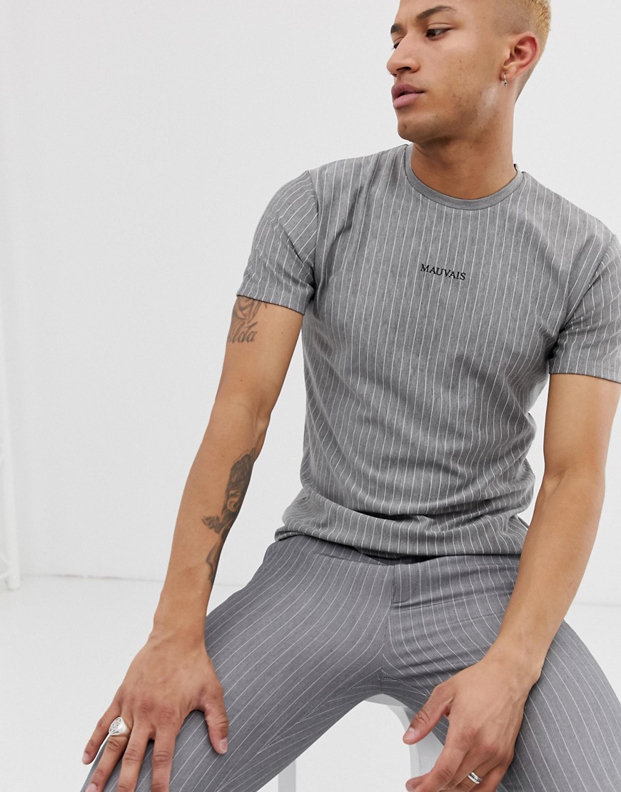 Mauvais - T-shirt attillata con logo grigio rigato