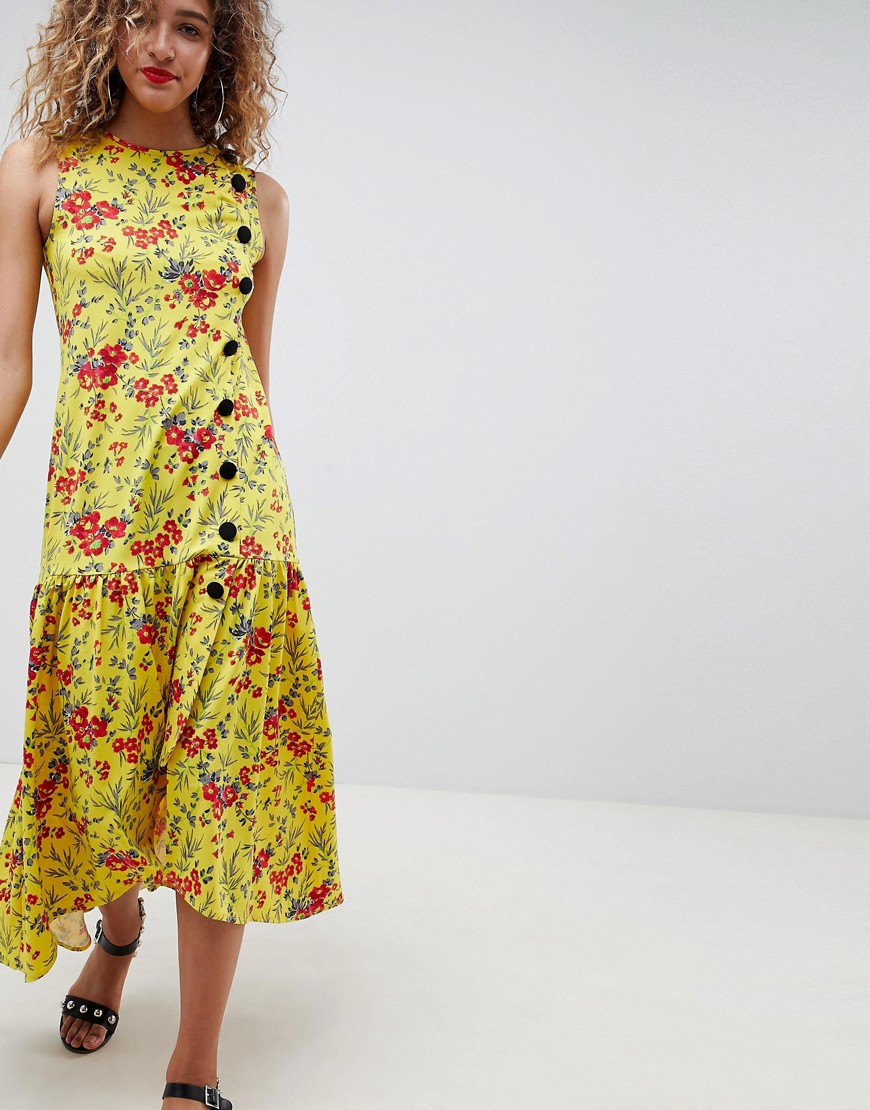 Maxi-knælang kjole med sænket kant og kontrastknapper i blomsterprint fra ASOS DESIGN-Multifarvet