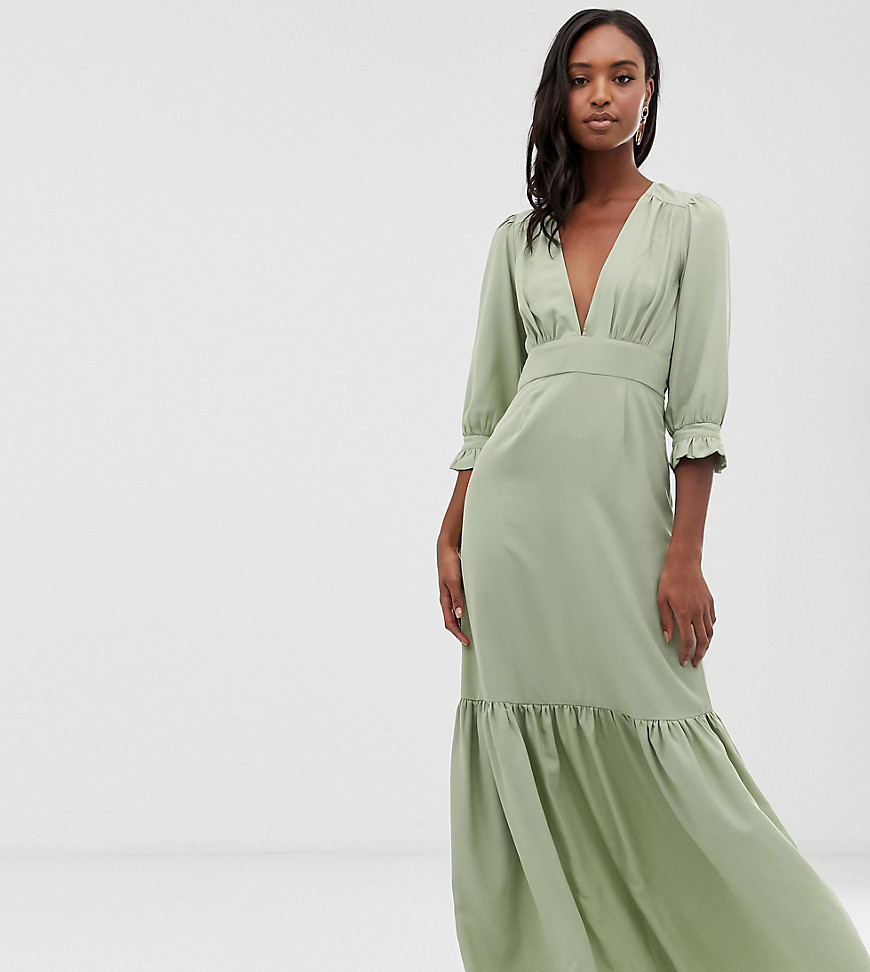 Maxi tea-kjole med dyb udskæring og flæsekant fra ASOS DESIGN Tall-Grøn
