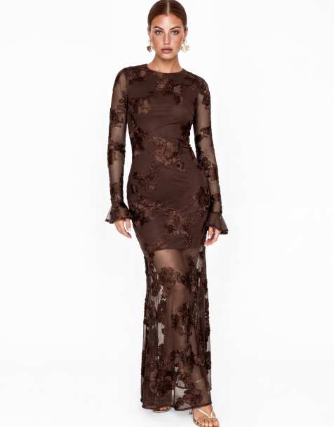 Maya 3d floral applique long sleeve mesh maxi dress in chocolate - view 1