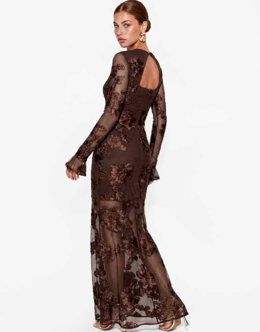 Maya 3d floral applique long sleeve mesh maxi dress in chocolate, 2 of 4