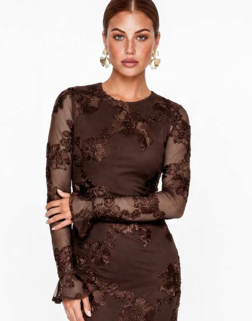 Maya 3d floral applique long sleeve mesh maxi dress in chocolate, 4 of 4