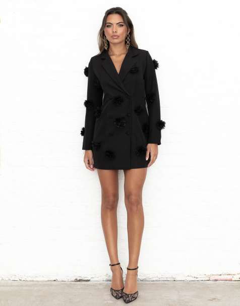 Maya 3d flower blazer dress in black