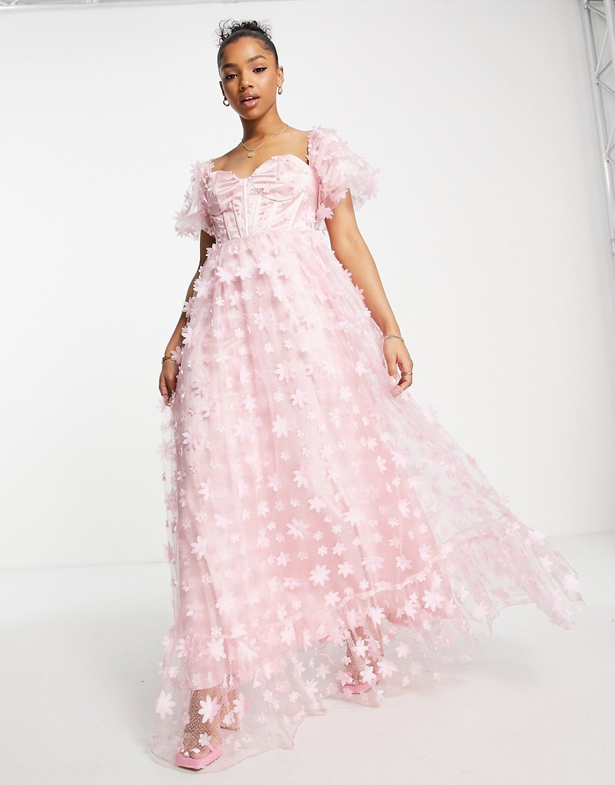 Maya 3D flower corset maxi dress in pink