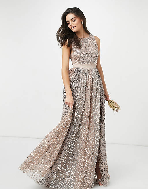 Maya all over contrast tonal delicate sequin dress with satin waist in taupe blush