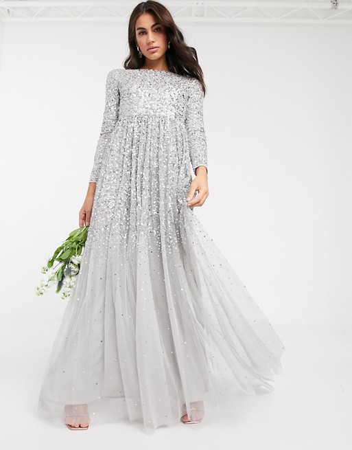 Maya all over delicate sequin long sleeve maxi dress in silver
