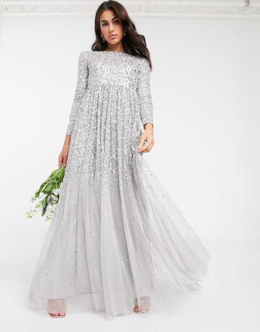 Maya all over delicate sequin long sleeve maxi dress in silver | ASOS