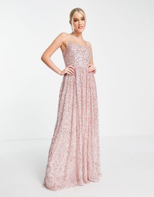 Maya all over embellished cross back maxi dress in taupe blush