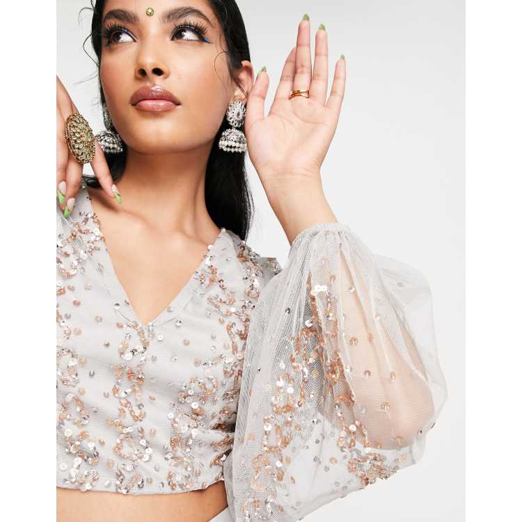 Maya all over embellished lehenga crop top in grey ASOS