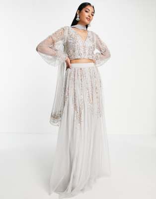 Maya Maya all over embellished lehenga maxi skirt in grey