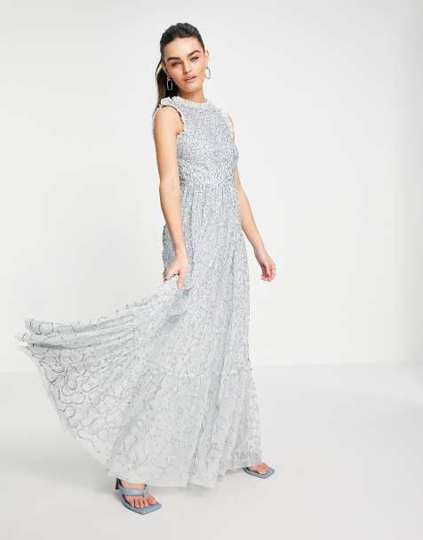 Maya all over embellished maxi dress with lace top in ice blue - view 1