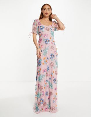 Maya all over embellished maxi prom dress in blush-Pink