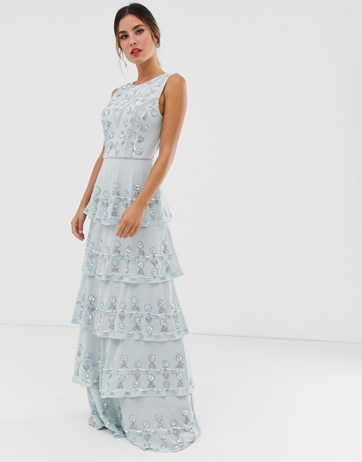Maya all over embellished tiered maxi dress in ice blue