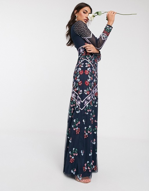 Maya all over floral embellished longsleeve sleeve maxi dress in navy