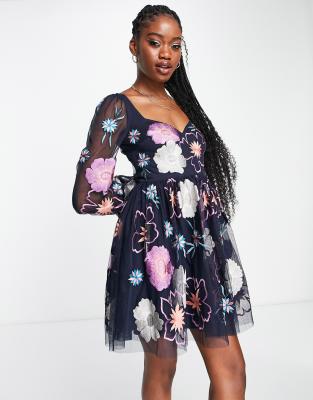 Maya All Over Floral Embroidered Mini Dress In Navy Blue