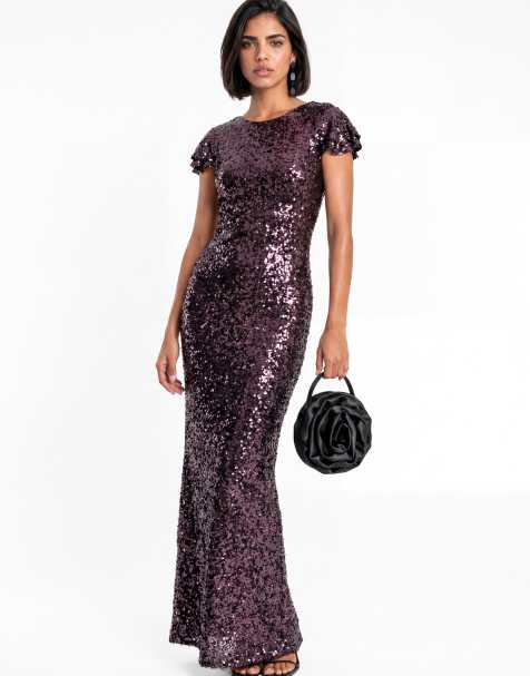 Maya All over sequin flutter sleeve v back maxi dress in purple - view 1