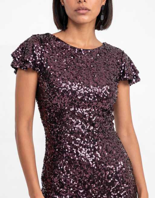 Maya All over sequin flutter sleeve v back maxi dress in purple, 3 of 6