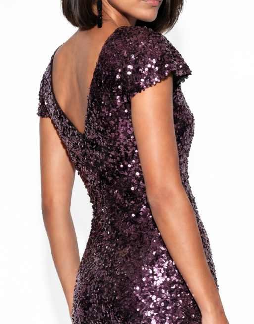 Maya All over sequin flutter sleeve v back maxi dress in purple, 4 of 6