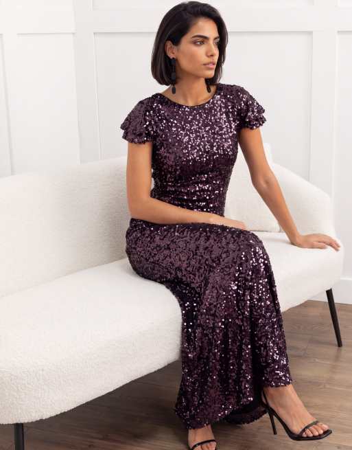 Maya All over sequin flutter sleeve v back maxi dress in purple, 6 of 6