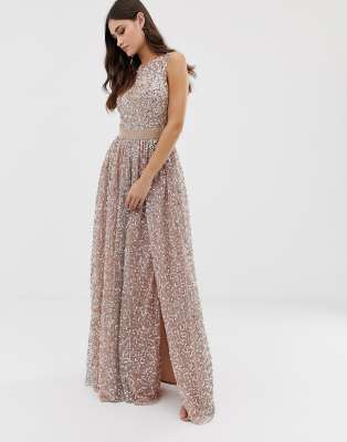 maya cap sleeve midaxi dress with applique delicate sequins in taupe blush