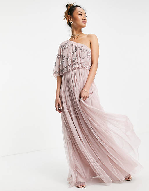 Maya asymetirc embellished top maxi dress in frosted pink