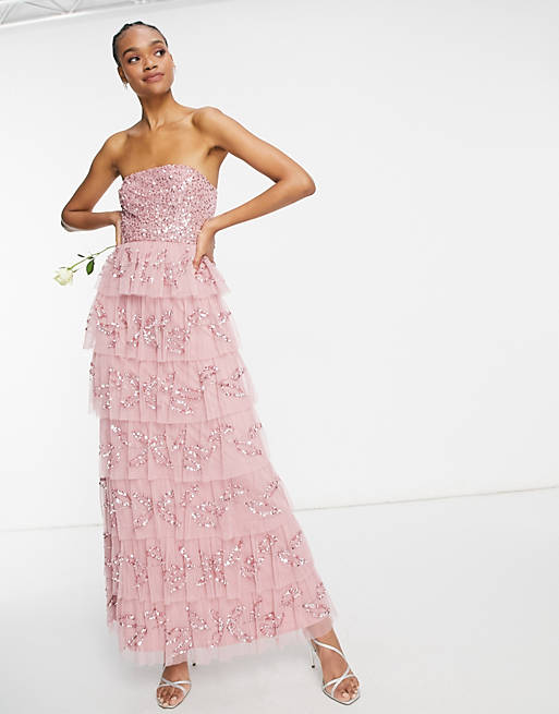 Maya bandeau all over embellished tiered maxi dress in rose pink