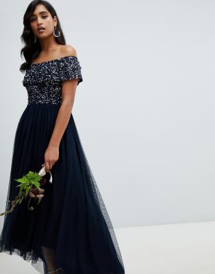 maya embellished bardot maxi dress