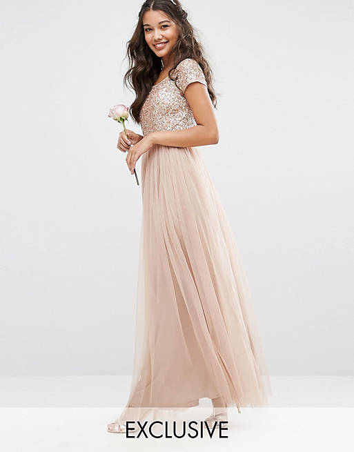 Maya Bardot Maxi Dress With Delicate Sequin And Tulle Skirt