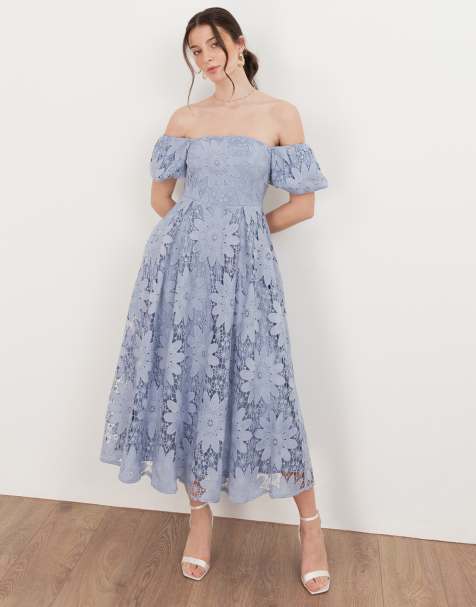 Maya Bardot puff short sleeve lace midi dress in wisteria blue - view 1