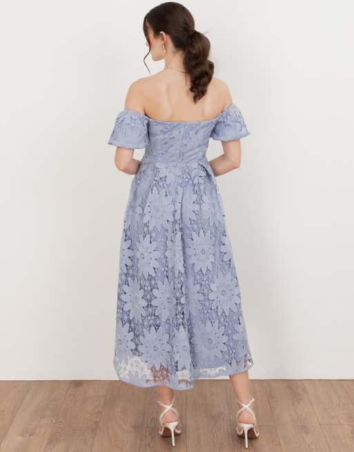 Maya Bardot puff short sleeve lace midi dress in wisteria blue, 3 of 4