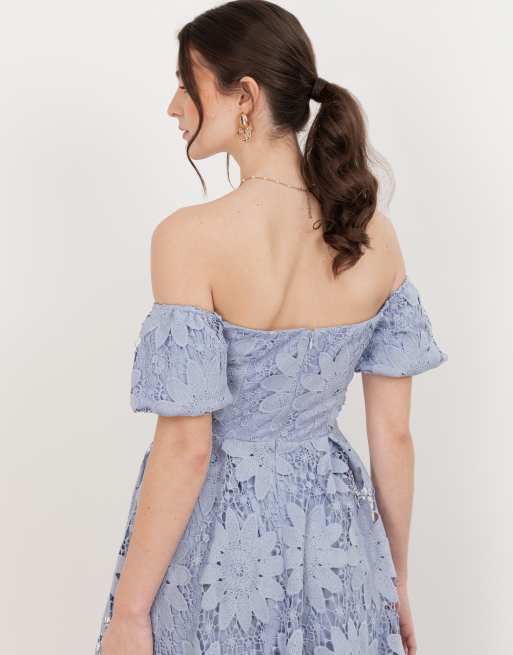 Maya Bardot puff short sleeve lace midi dress in wisteria blue, 4 of 4