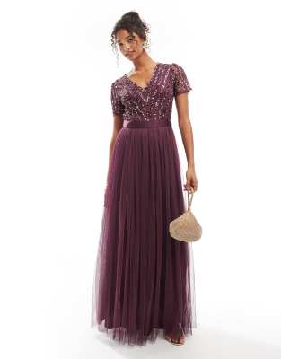 Maya Belted Stripe Embellished Bridesmaid Maxi Dress In Purple