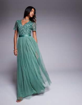 Maya Belted stripe embellished bridesmaid maxi dress in dark sage-Green